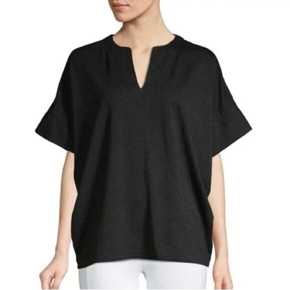 Natori | M | black Women's Classic Black Split Neck Top Super Soft Comfort Shirt - Picture 1 of 7